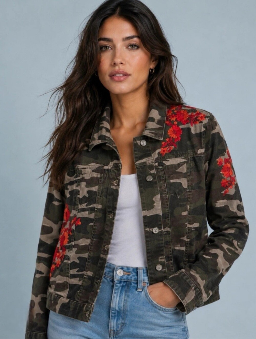 ANTHROPOLOGIE PILCO DENIM CAMO EMBROIDERED JACKET SMALL EUC
